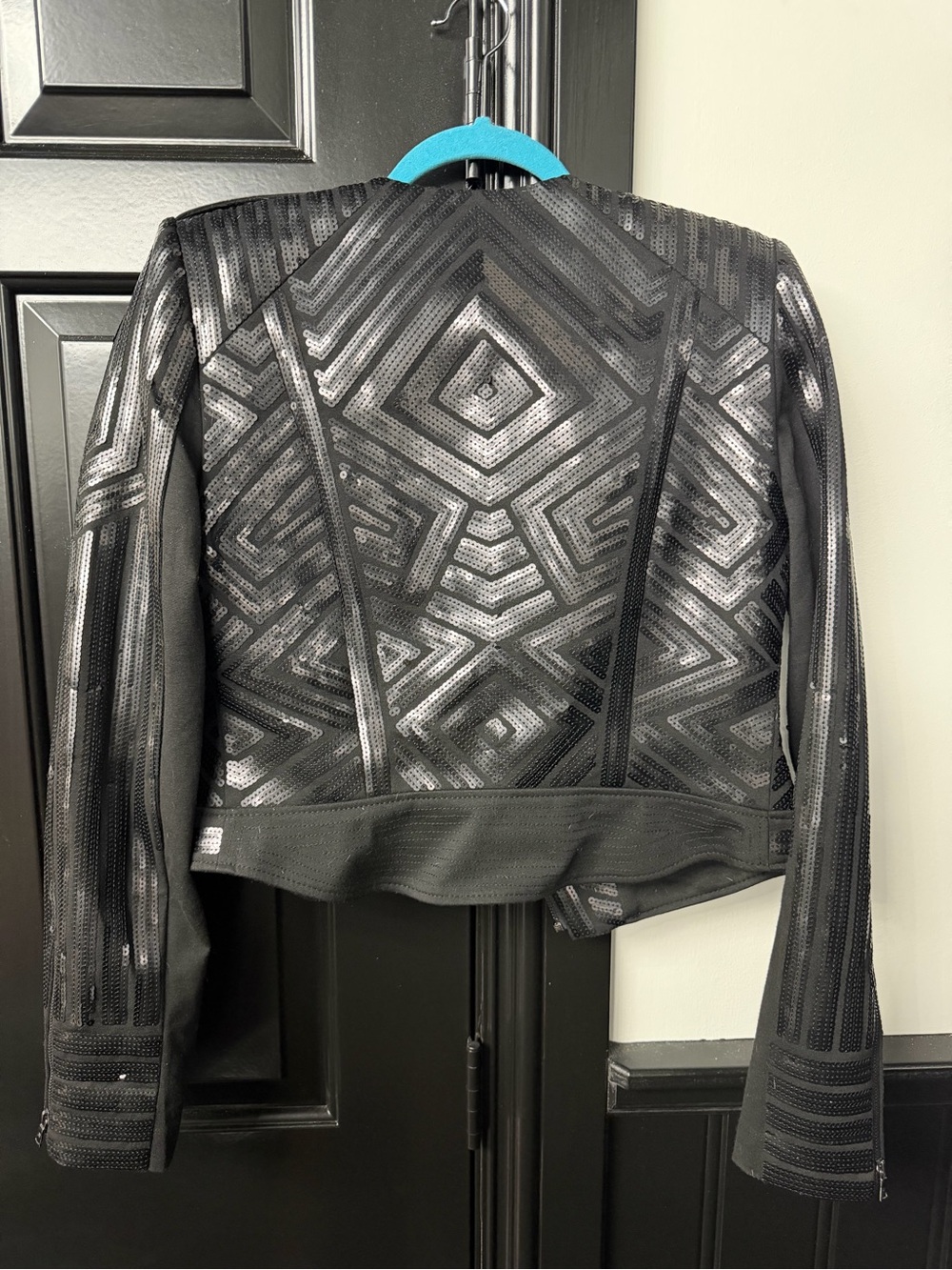 BCBGMAXAZRIA Black Sequin Moto Jacket Geometric Zip Crop Blazer Small - Picture 2 of 5
